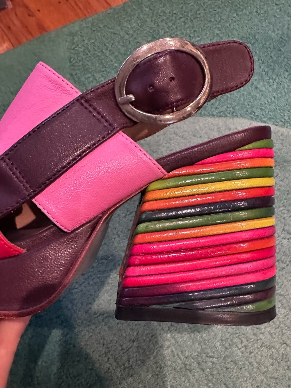 Fluevog NEARLY NEW Picnic Kerry striped rainbow heel platform open-toe sandal -6 - Picture 11 of 16